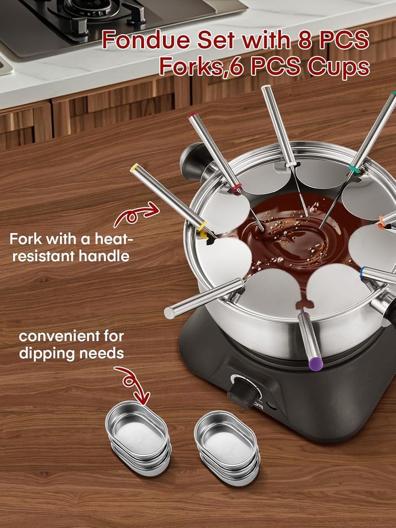 FOHERE 1500W Electric Fondue Pot Set, 1.4QT Non-Stick Electric Fondue Pot with 8 Color-Coded Forks, 6 Pcs Cups and Anti-Scald Handle, Precise Temperature Control for Cheese,Chocolate,Oil and Broth - Image 4
